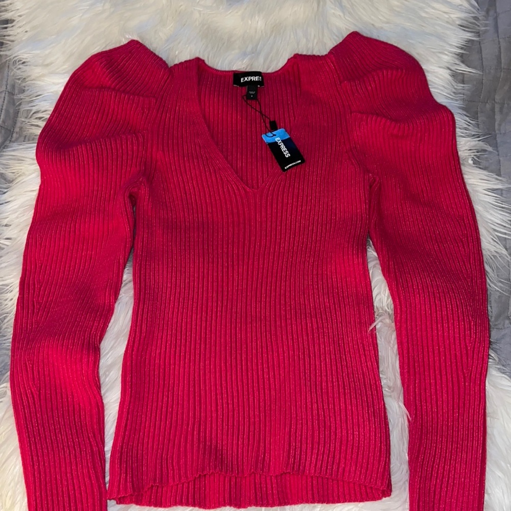 Express dark pink puffy shoulder sweater